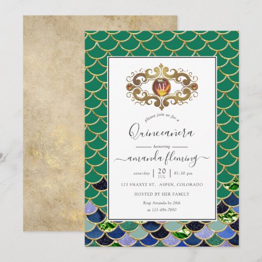 Invitation Monogramme de pierre précieuse de sirène sarcelle (Devant / Derrière)
