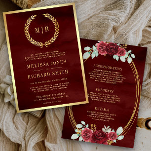 Invitation Monogramme de roses rouges de Bourgogne tout en un