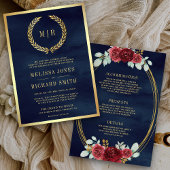 Invitation Monogramme de roses rouges tout en un Mariage bleu
