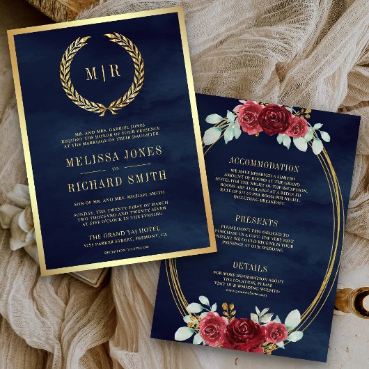Invitation Monogramme de roses rouges tout en un Mariage bleu