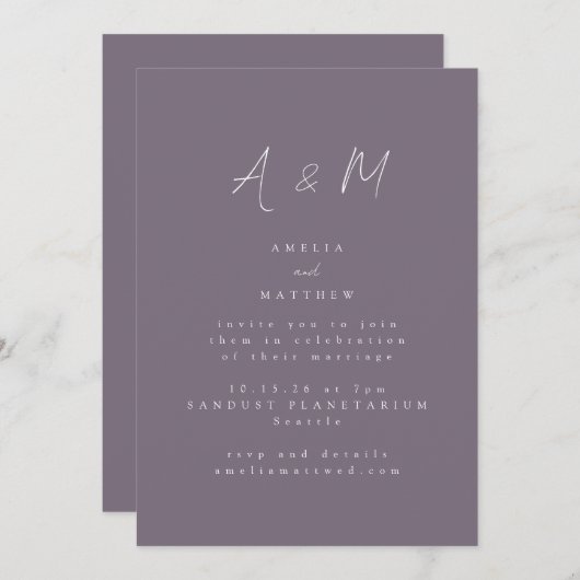 Invitation Monogramme de script minimal Boho Dusty Mariage vi (Devant / Derrière)
