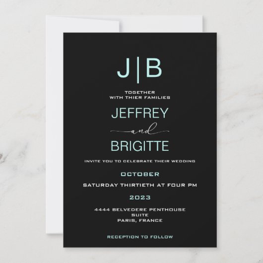 Invitation monogramme de script simple, mariage turquoise et (Devant)
