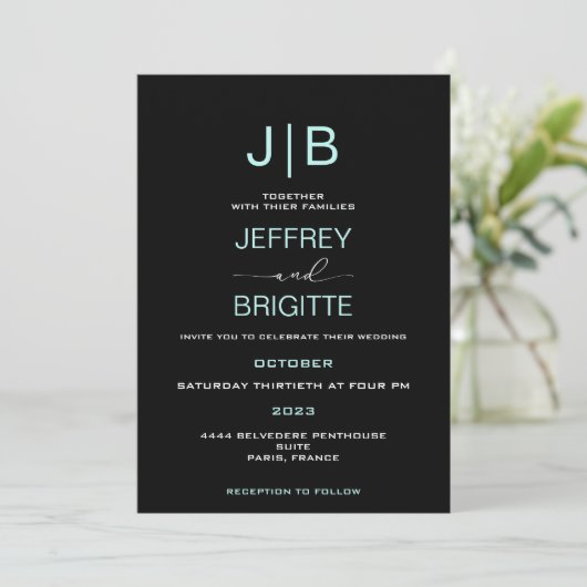 Invitation monogramme de script simple, mariage turquoise et (Debout devant)