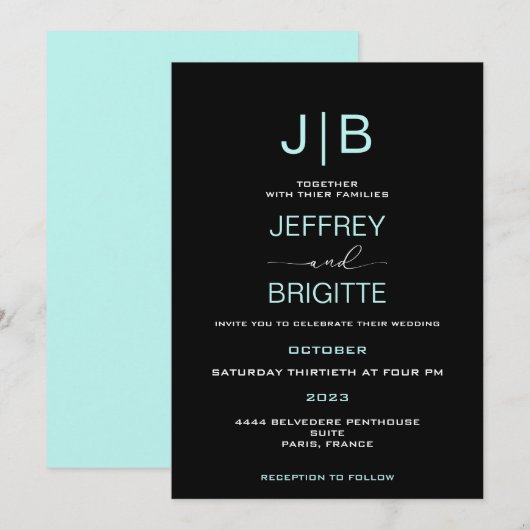 Invitation monogramme de script simple, mariage turquoise et (Devant / Derrière)