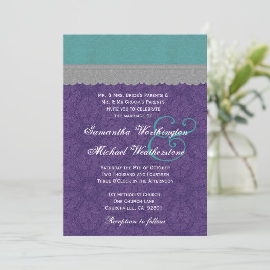 Invitation Monogramme de Teal, pourpre et gris G500E4 de (Debout devant)