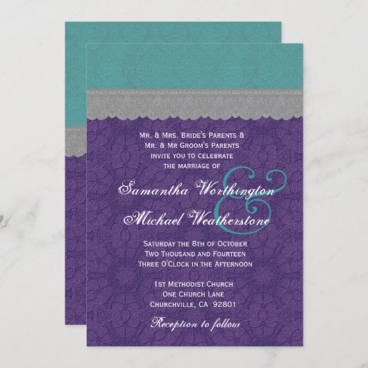 Invitation Monogramme de Teal, pourpre et gris G500E4 de (Devant / Derrière)
