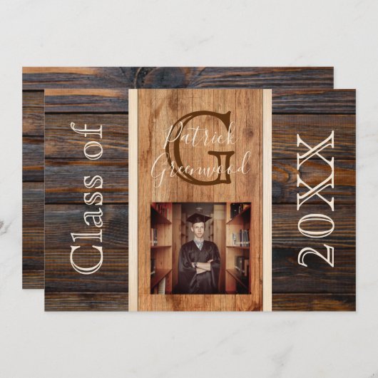 Invitation Monogramme de ton en bois rustique Graduation en b (Devant / Derrière)