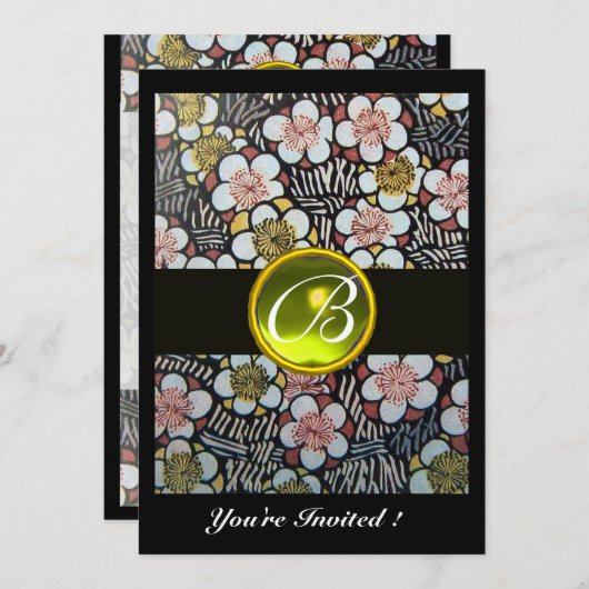 INVITATION MONOGRAMME DE TOPAZ JAUNE HAIKU/SPRING FLEURS (Devant / Derrière)