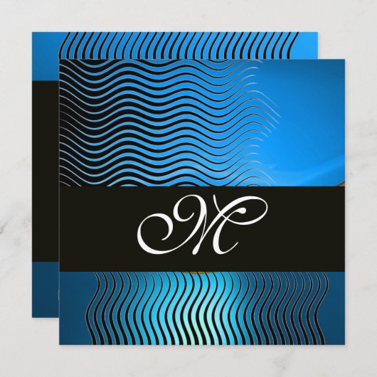 Invitation MONOGRAMME DE VAGUES ÉLÉGANTES, saphir bleu (Devant / Derrière)
