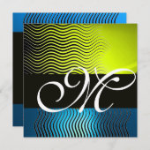Invitation MONOGRAMME DE VAGUES ÉLÉGANTES, saphir bleu jaune (Devant / Derrière)