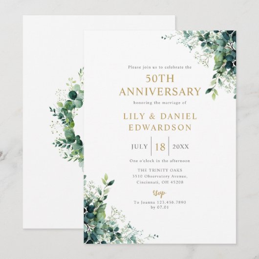 Invitation Monogramme de verdure florale 50e anniversaire de (Devant / Derrière)