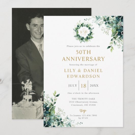 Invitation Monogramme de verdure florale 50e anniversaire de (Devant / Derrière)