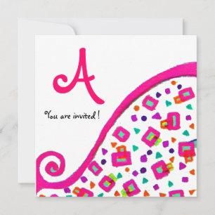 INVITATION MONOGRAMME DÉCO ABSTRAIT BLANC FUCHSIA ROSE