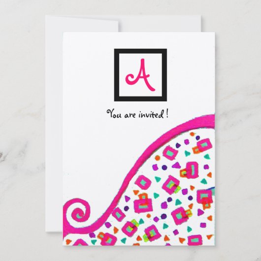 INVITATION MONOGRAMME DÉCO ABSTRAIT BLANC FUCHSIA ROSE (Devant)
