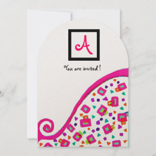 INVITATION MONOGRAMME DÉCO ABSTRAIT BLANC FUCHSIA ROSE