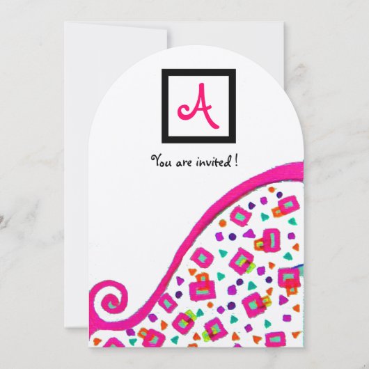INVITATION MONOGRAMME DÉCO ABSTRAIT BLANC FUCHSIA ROSE (Devant)