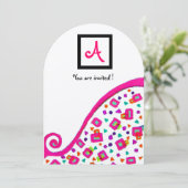 INVITATION MONOGRAMME DÉCO ABSTRAIT BLANC FUCHSIA ROSE (Debout devant)
