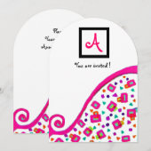 INVITATION MONOGRAMME DÉCO ABSTRAIT BLANC FUCHSIA ROSE (Devant / Derrière)