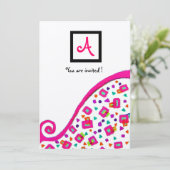 INVITATION MONOGRAMME DÉCO CARRE ABSTRAIT ARGENT FUCHSIA ROSE (Debout devant)