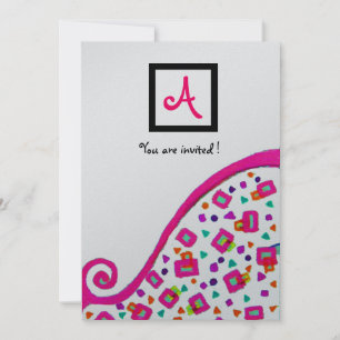 INVITATION MONOGRAMME DÉCO CARRE ABSTRAIT ARGENT FUCHSIA ROSE