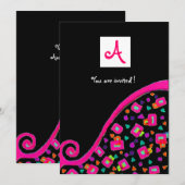 Invitation MONOGRAMME DÉCO, noir , rose violet blanc (Devant / Derrière)