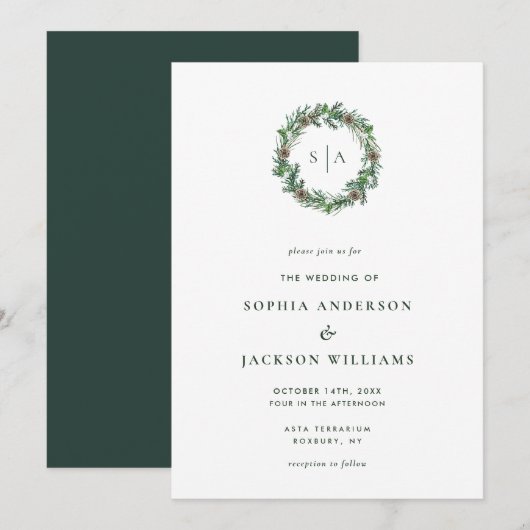 Invitation Monogramme d'hiver minimaliste Mariage de couronne (Devant / Derrière)