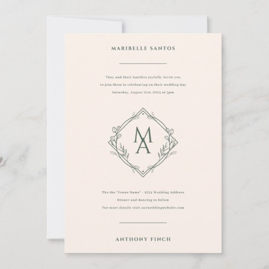 Invitation Monogramme Diamant Avec Fleurs Mariage À feuillage (Devant)