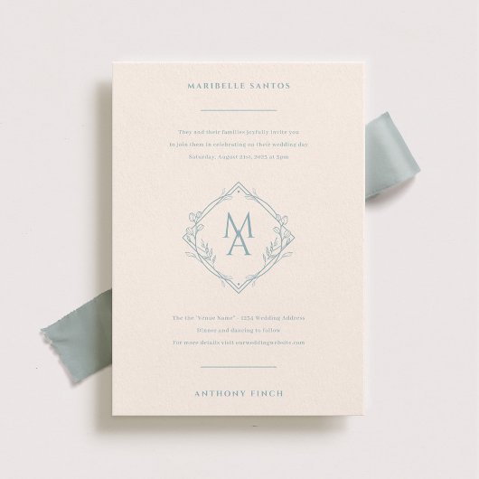 Invitation Monogramme Diamant Avec Fleurs Mariage Bleu Dusty