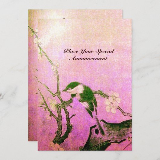 Invitation MONOGRAMME D'OISEAU PRINTEMPS rose fuchsia blanc b (Devant / Derrière)