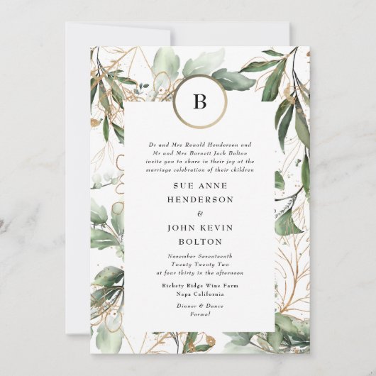 Invitation Monogramme d'or Botanique Eucalyptus Verdure Moss (Devant)