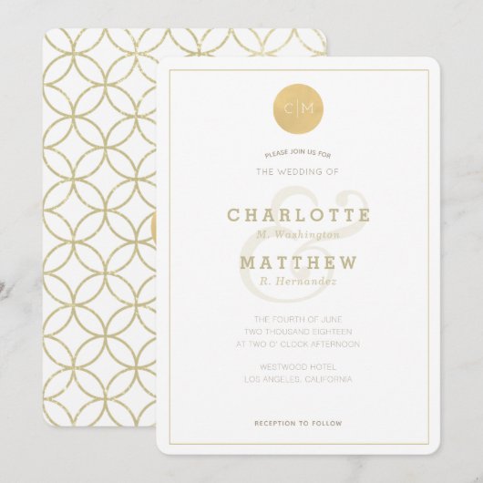 Invitation Monogramme d'or Géométrique Elégant Mariage Invita (Devant / Derrière)