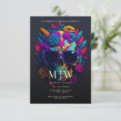 Invitation Monogramme du crâne floral Mariage d'Halloween (Debout devant)