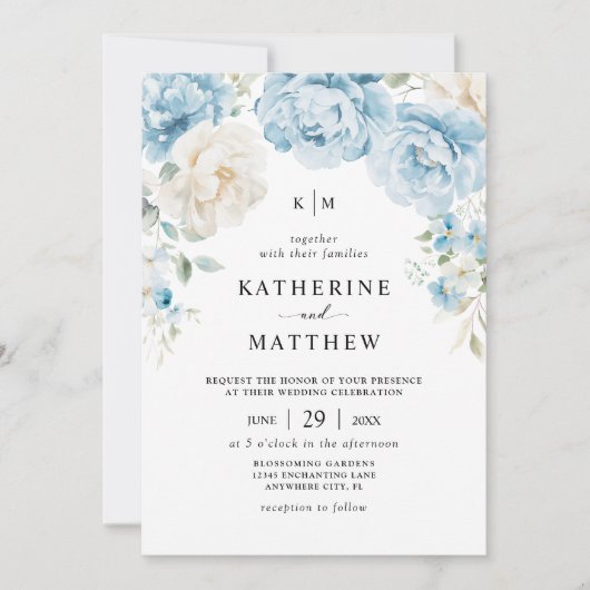 Invitation Monogramme Dusty Blue Champagne Ivory Floral Maria (Devant)