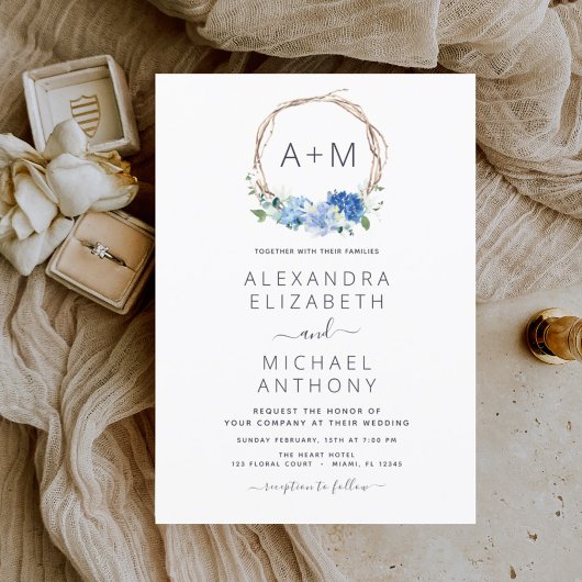 Invitation Monogramme Dusty Blue Floral Mariage Invitati