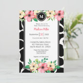 Invitation Monogramme écriteau Baby shower floral corail jaun (Debout devant)