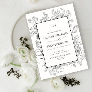 Invitation Monogramme Elegant Black Floral Line Art Mariage