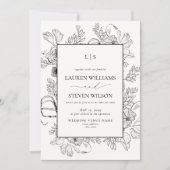 Invitation Monogramme Elegant Black Floral Line Art Mariage (Devant)