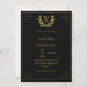 Invitation Monogramme Elegant Black Gold Leaf Mariage (Devant)