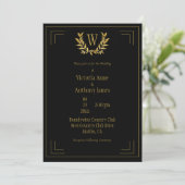 Invitation Monogramme Elegant Black Gold Leaf Mariage (Debout devant)