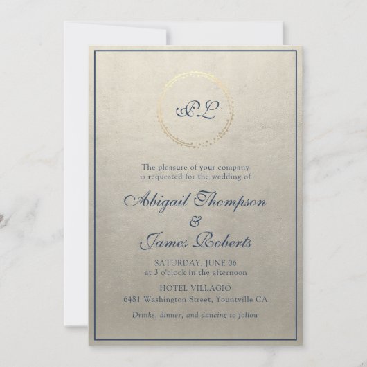 Invitation Monogramme Elegant Champagne et Mariage bleu marin (Devant)