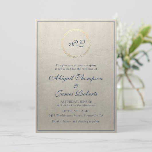 Invitation Monogramme Elegant Champagne et Mariage bleu marin (Debout devant)