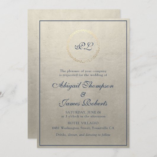 Invitation Monogramme Elegant Champagne et Mariage bleu marin (Devant / Derrière)