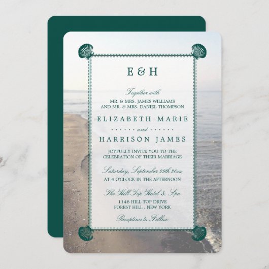 Invitation Monogramme élégant et mariage Turquoise sur la pla (Devant / Derrière)
