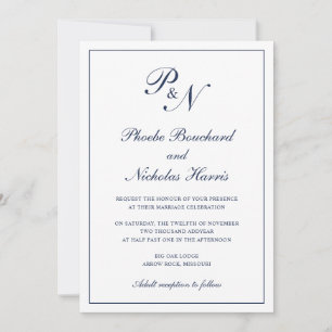 Invitation Monogramme Elegant Marine Bleu Tout en un Mariage