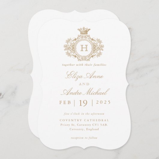 Invitation Monogramme élégant or et blanc (Devant / Derrière)