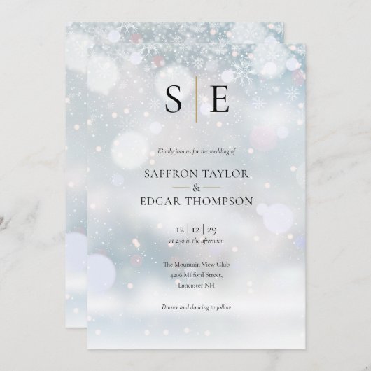 Invitation Monogramme Elégant Or Noir Mariage d'hiver (Devant / Derrière)