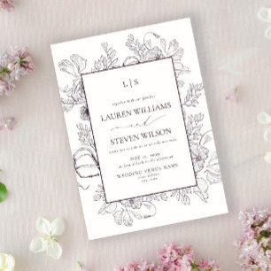 Invitation Monogramme Élégant Plum violet ligne florale Maria