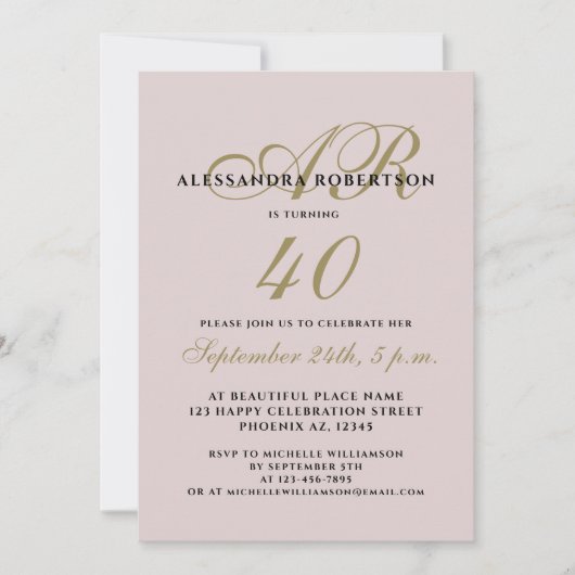 Invitation Monogramme élégant quarante anniversaire blush or (Devant)