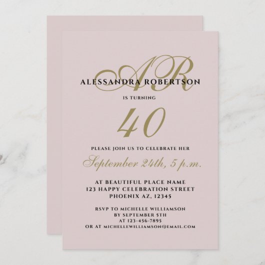 Invitation Monogramme élégant quarante anniversaire blush or  (Devant / Derrière)
