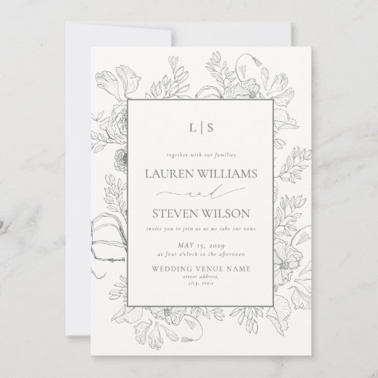 Invitation Monogramme Elegant Sage Green Floral Line Mariage (Devant)